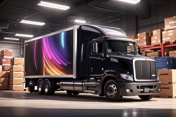 "Black Semi Truck on White Background: Digital Rendering