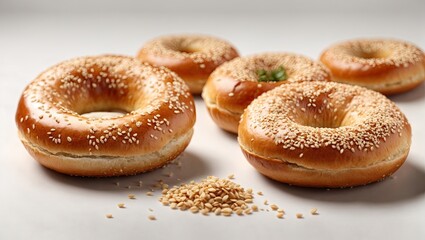 "Three Sesame Seed Bagels: A Hyperrealistic Stock Photo