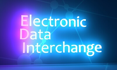 EDI electronic data interchange software system to process paper to paperless paperwork exchange between device. Acronym text concept background. Neon shine text. 3D render