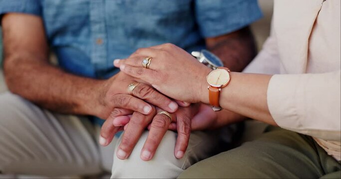 Couple, holding hands and support, love and empathy, trust or care after cancer diagnosis at home. Closeup, woman comfort man and kindness, hope or help, connection and respect or gratitude together
