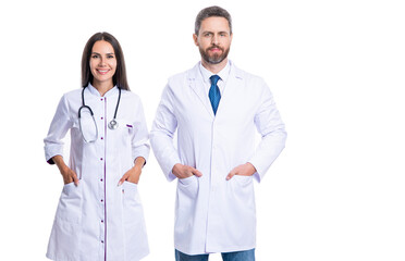 Fototapeta premium physician with healthcare colleague. Medical staff. Team of doctor and nurse in hospital. Healthcare and medicine concept. healthcare workers in clinic isolated on white. medical service. copy space