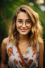 Portrait of a beautiful 25 years old caucasian woman looking at camera being nerdy, hipster,...