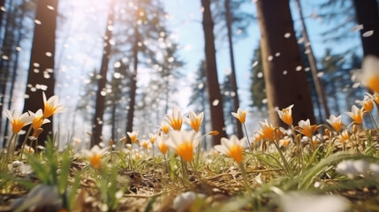 Obraz premium Low angle forest view with first spring flowers blooming , spring background with copy space