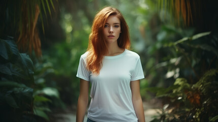 Redhead girl wearing blank mock-up white t-shirt standing lush tropical forest
