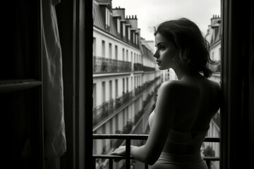 Black and white image of a beautiful sexy Parisian woman looking through the window with blurred Paris city street in background - obrazy, fototapety, plakaty
