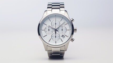 an elegant product photograph against a clean white canvas, showcasing a sleek silver wristwatch.