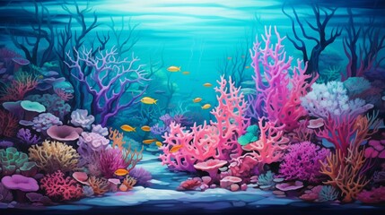 an underwater world with coral reefs in vibrant turquoise, pastel pink, and shades of marine blue.
