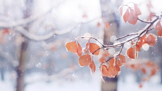 Leaves on trees covered with snow in winter and snowfall with bokeh effect. seamless looping time lapse 4k video background animation. Generated with AI