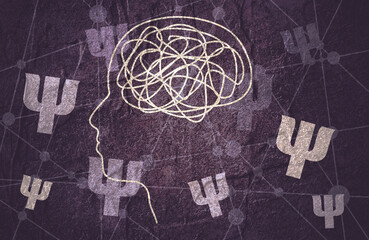 Psychotherapy, stress and psychosis. A man head in profile with a tangled ball of nerves, scribbles symbolizing a depressed state of a person. Psychological help. Personality disorder and depression