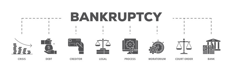 Bankruptcy infographic icon flow process which consists of bank ,court order, legal, moratorium, process, creditor, debt, crisis icon live stroke and easy to edit  - obrazy, fototapety, plakaty