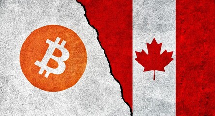 Canada and Bitcoin symbol together. Crypto Currency in Canada. Relations between Bitcoin and Canada - obrazy, fototapety, plakaty