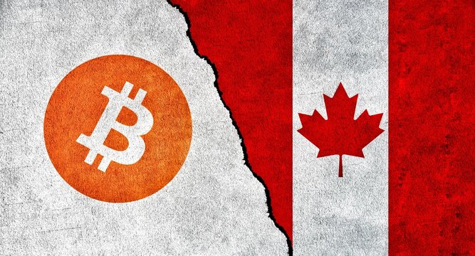 Canada and Bitcoin symbol together. Crypto Currency in Canada. Relations between Bitcoin and Canada