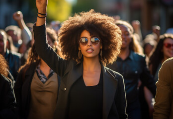 Fototapeta premium Group of women marching on the road in protest for equality and women empowerment, Generative Ai.