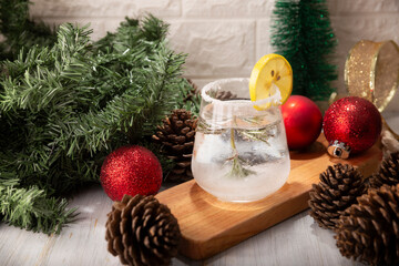 Snow Globe Cocktail. Christmas drink, creative festive beverage in drink glass decorated with...