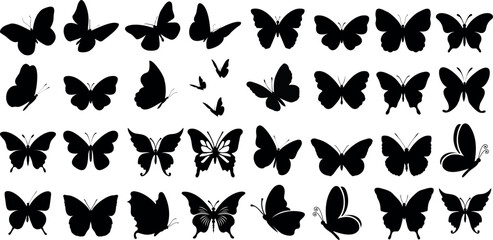 L'ensemble d'illustrations vectorielles de silhouettes de papillons présente une collection de silhouettes de papillons, les papillons sont parfaits pour les arrière-plans, les motifs et les designs.  - obrazy, fototapety, plakaty