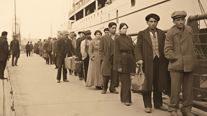 Black and white photo of people waiting in line to immigrate in the early 1900s - obrazy, fototapety, plakaty