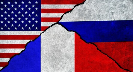 USA, Russia and France flag together on a textured wall. Relations between Russia, France and United States of America