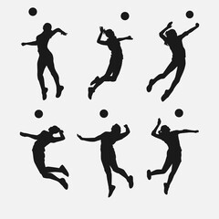 set of female volleyball player silhouettes. athlete doing jump spike. various different pose, gesture. vector illustration.