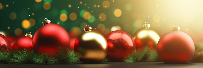 Red and gold Christmas ornaments lined up, with pine needles, on a reflective surface against a bokeh light background, conveying a festive holiday theme. AI Generative