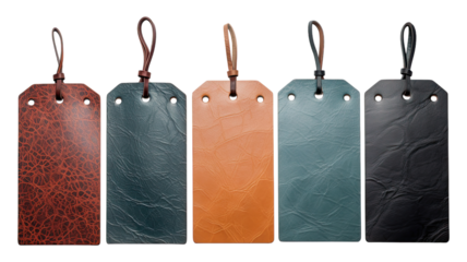 Leather hanging tag different colors, isolated on white background