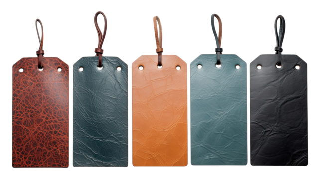 Leather hanging tag different colors, isolated on white background