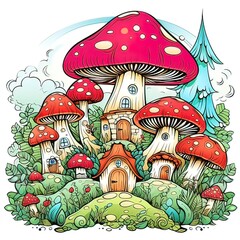 Mushroom Valley with Whimsical Creatures, on a coloring book style-generative ai