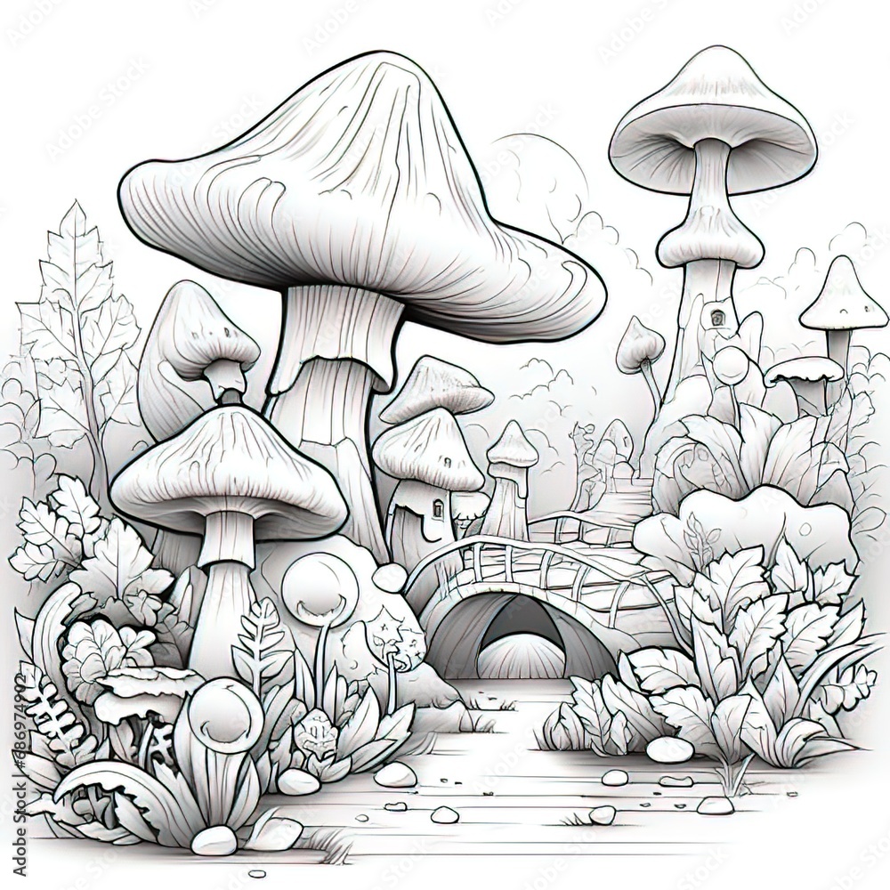 Canvas Prints Mushroom Valley with Whimsical Creatures, on a coloring book style-generative ai