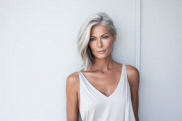 Portrait of a beautiful middle aged woman with copyspace clean background