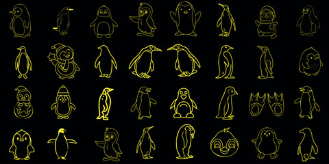  penguin outline vector illustration. The illustration features multiple penguin poses in yellow on a black background. It’s perfect for penguin lovers, animal lovers, cute penguins