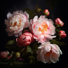 Ai Generated bouquet of pink flowers Artificial Flowers Wall for Background in vintage style bouquet of pink roses