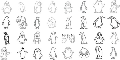 Penguin vector illustration set, perfect for children’s books, greeting cards. Different poses, styles, hand-drawn Penguin line art, sketch, doodle, cute penguins, cartoon animals from Antarctica