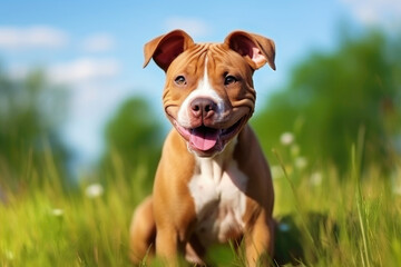 Pitbull Terrier sitting on the grass and smiling