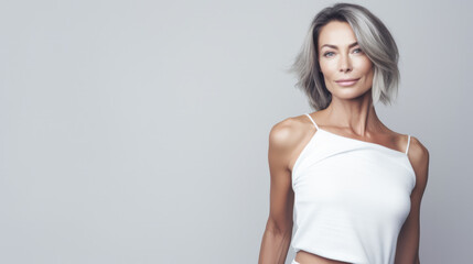 Portrait of a beautiful middle aged woman with copyspace clean background