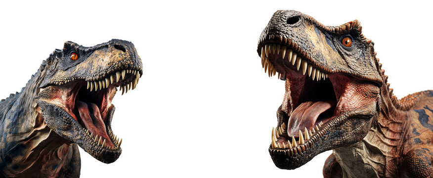 close up portrait of t rex dinosaur with roaring expression, isolated on transparent background, generative ai