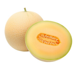fresh organic galia melon cut in half sliced with leaves isolated on white background with clipping path