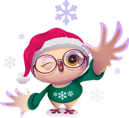 Owl in santa hat and green Christmas sweater catching snowflake