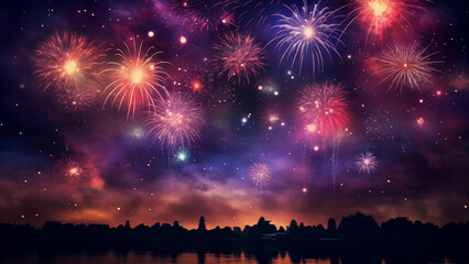 Fototapeta na wymiar A wonderful fireworks display among the stars in a suburban night sky.