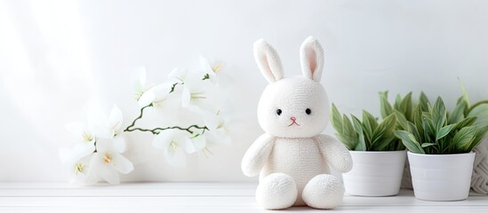 Handmade white Easter bunny textile toy, DIY soft toy for decoration. - obrazy, fototapety, plakaty