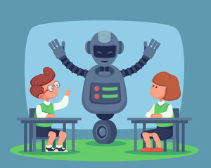 Robot teaching children at school vector illustration. School boy and girl sitting at table and attentively listening to robot teacher. Artificial intelligence in education concept