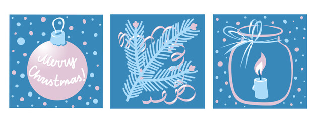 Set of festive illustrations of Christmas ball, fir branch and candle on dark blue background.