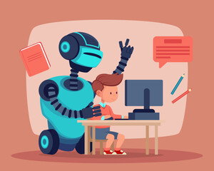 Robot teaching little boy to work on computer vector illustration. Book, pencil, message icon on background. Modern technology in education, artificial intelligence concept
