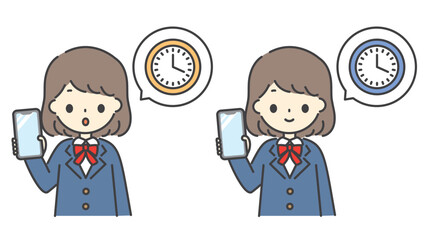 スマホを持っている女子学生から時間の吹き出しが出ているイラスト