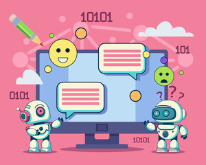 Tiny robots near huge computer monitor with messages, emoticons and program code. Flat vector illustration. Artificial intelligence, social network analysis concept