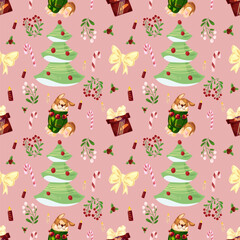 Seamless childish cold pink hand drawing Christmas pattern with welsh corgi, Christmas tree, mistletoe ,candies, candles