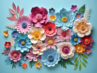 Colourful handmade paper flowers on light blue background with copyspace in the center. Generative Ai