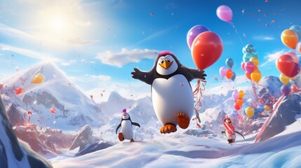 Happy penguins frolicking amidst colorful balloons on a snowy landscape. - Powered by Adobe