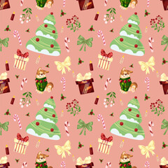 Seamless childish light pink Christmas pattern with welsh corgi, Christmas tree, mistletoe, candies and candles