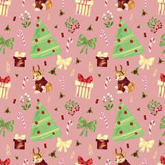 Seamless childish gray pink Christmas pattern with welsh corgi, simple Christmas tree, mistletoe, candies, candles