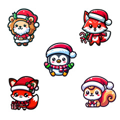 Fototapeta premium Pack stickers animals christmas, stickers animals christmas pet mascot cartoon santa hat