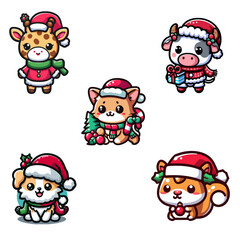 Pack stickers animals christmas, stickers animals christmas pet  mascot cartoon santa hat